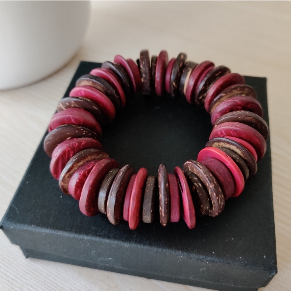 💰Brown/Burgundy Coconut Wood Discs Stretch Bracelet